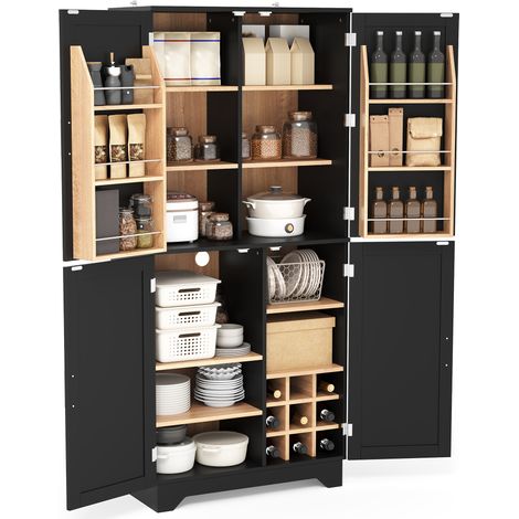 Meuble de rangement de cuisine haut avec 4 portes style grange, range-bouteilles, étagères et grand espace 80 × 40 × 180 cm, noir et bois clair  CHICFURN (1/5)