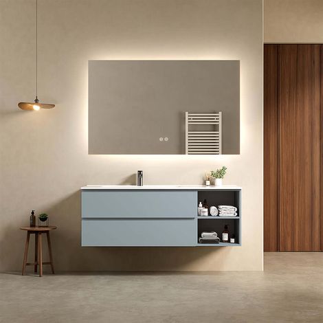 Mobile bagno sospeso 140 cm Blu Avio Lavabo a Sinistra in Resina Specchio Quadro Retroilluminato - Fiji Paint Plus (1/4)