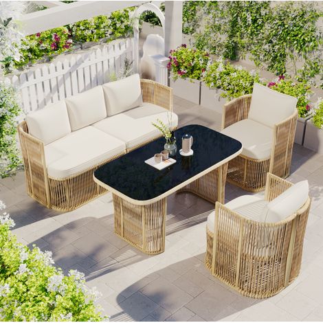 Conjunto de muebles de jardín de metal, ratán PE beige y negro con sofá 3 plazas, 2 sillones, mesa de cristal y cojines (1/5)