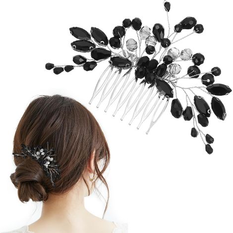 JeiibrZui Haarkamm mit schwarzen Strasssteinen – Elegantes Brautaccessoire – 1 Stück – Funkelndes Design – Für Hochzeitszeremonie oder Gala (1/5)
