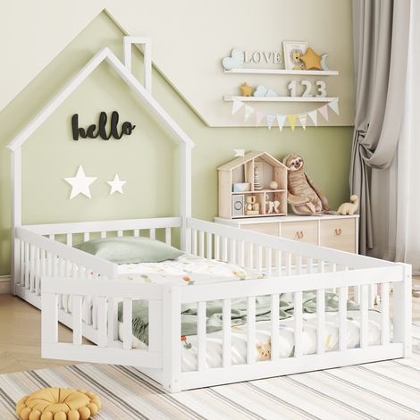 Lit enfant cabane 90x200 cm, blanc, en pin et MDF, avec sommier à lattes, barrières de sécurité et cheminée décorative (1/5)
