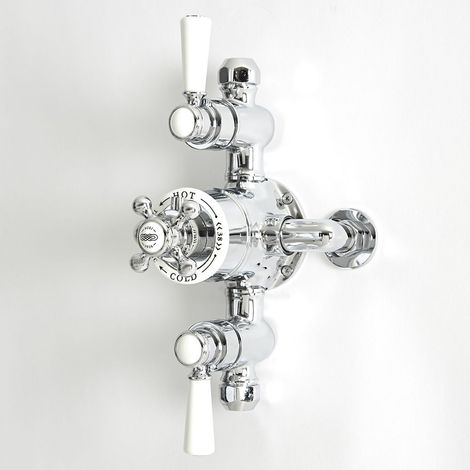 Hudson Reed – Mitigeur thermostatique de douche rétro chromé et blanc – Commandes ergonomiques à levier – Technologie anti-brûlures – Laiton massif