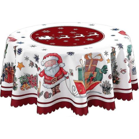 Nappe ronde de Noël 120 cm de diamètre en polyester rouge avec motif Père Noël (1/4)
