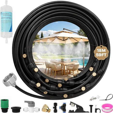 Terrace Misting Kit, Outdoor Misting Kit, 18 m Hose 25 Mist Nozzles with T-Joint 3/4 Inch Adapter, Irrigation Kit Water Misting System Outdoor Patio Parasol Pergola Garden Swimming Pool (1/5)