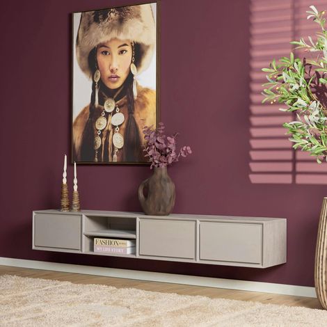 Meuble TV suspendu bois taupe 3 tiroirs 1 niche 200 cm AERA