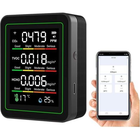 Moniteur intelligent de qualité de l'air 5 en 1 : WiFi intérieur qualité de l'air, compteur détecte TVOC, CO2, HCHO, température et humidité, pour la maison et le bureau avec contrôle de l'application (1/5)