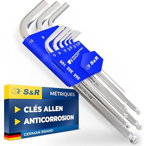 Set of 9 Allen Keys Long mm 6-Sided for Bicycle, Auto, Furniture, Long Keys 7 to 18 cm (1/5)