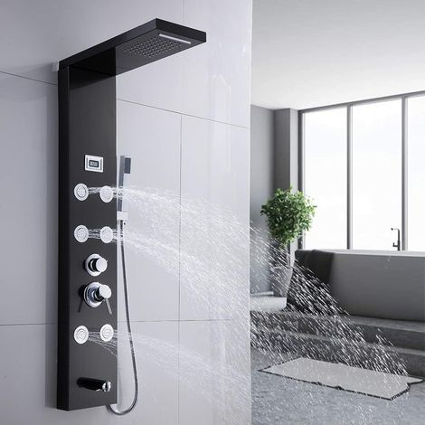 Panneau de douche 7 fonctions, 6 jets de massage, douche à effet pluie, douchette à main,cascade, affichage de la température colonne de douche système de douche ensemble de douche en acier inoxydable