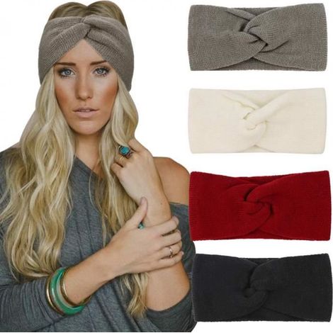 4 Pièces Bandeau Cheveux pour Femme Bandeaux Hiver Serre-Tête Tricoté Oreille Réchauffeur Chaud Noué Bande Elastique Cheveux,E (1/4)