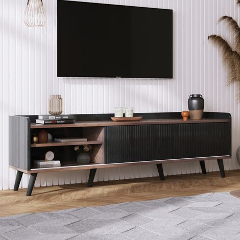 Meuble TV dos cajones puertas correderas a rayas tablero de partículas y madera 160x40x58 cm negro (1/5)