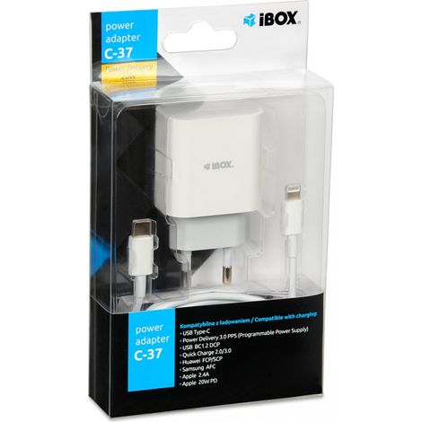 Cargador de pared iBOX C-37 USB-C PD20W, cable USB-C a Lightning