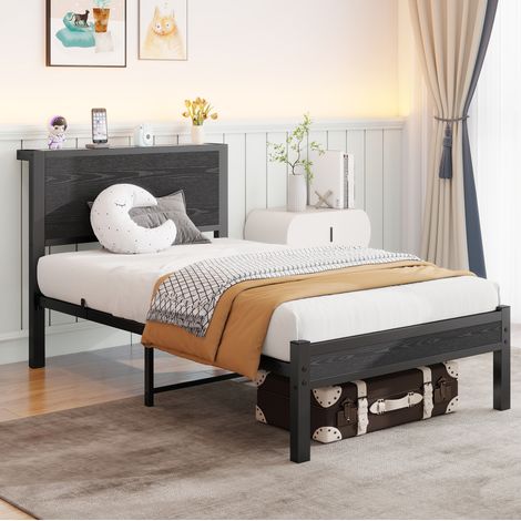 Letto singolo 90/200 cm nero in MDF e metallo con testiera e spazio contenitore (1/5)