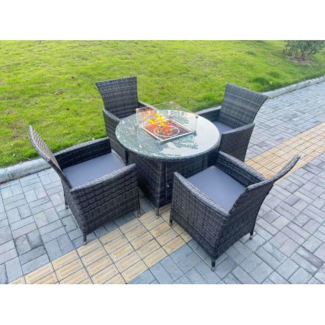 Fimous 5-Piece PE Rattan Garden Furniture with Big Round Gas Firepit Table and 6 Chairs for Patio Dark Grey Mixed (1/5)
