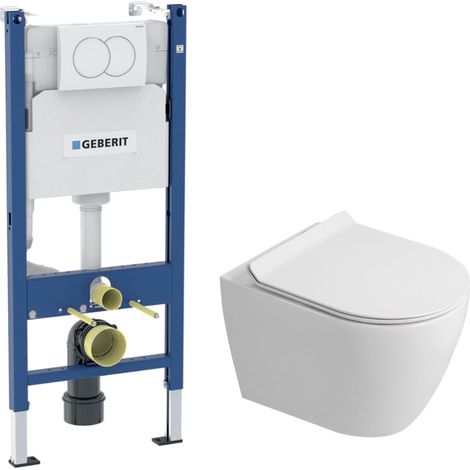 Duofix Pack WC bâti-support 112 cm + WC suspendu sans bride Ceramia avec abattant SoftClose + plaque blanche (GEBCEPXWT01-FR)