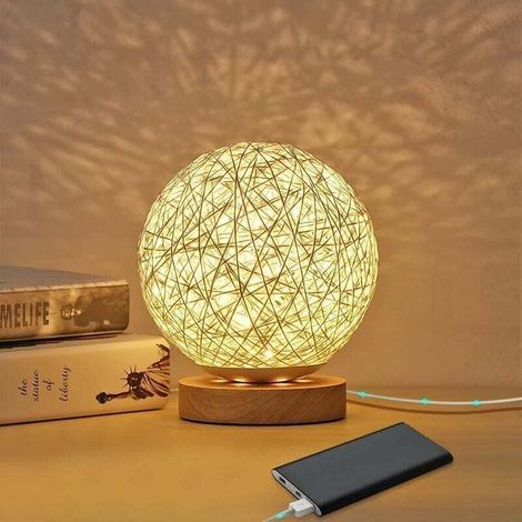 Lampe de Table en Rotin et Bois avec Abat-Jour Tissé Main USB Rechargeable Lumière d'Ambiance pour Chambre (1/4)