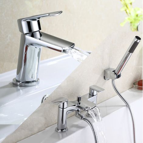 Centa Contemporary Chrome Basin Sink Mixer Tap And Bath Shower Mixer Tap With Pencil Handset Kit (1/5)