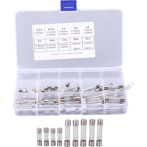 Lot de 100 fusibles verre 5x20mm & 6x30mm pour voiture, ampérage varié 0.2A à 30A, kit mixte auto (1/5)