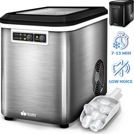 tillvex Eiswürfelmaschine Silber Eiswürfelbereiter Edelstahl Eismaschine Icemaker 2,2L