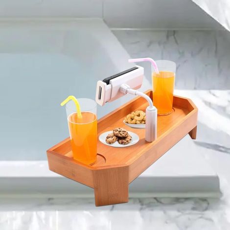 Bamboo Spa Tray, Non-Slip Side Table with Cup Holder and Phone Holder, Spa Tray, Bathtub Tray, Spa Accessory (1/5)