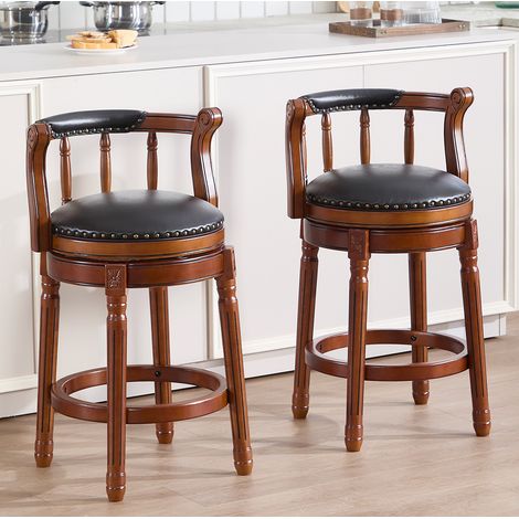 Taburete de bar giratorio, respaldo curvado, cuero auténtico, madera, negro (1/5)