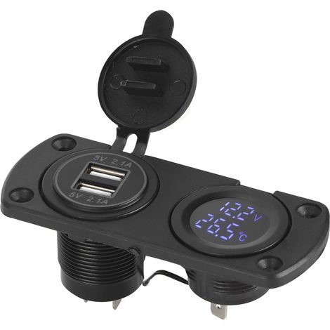 Thermomètre, voltmètre, chargeur, prise allume-cigare double USB 12V pour voiture (bleue) (1/5)