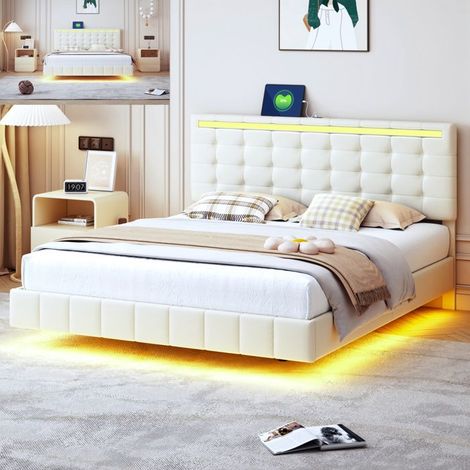Letto matrimoniale 140x190 cm - NMONET - LED - USB - Tessuto in lino beige - Stile moderno