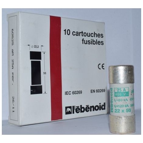 Fusible 25A cartouche 22X58mm aM usage industriel (boite de 10) HPC 80kA 660V avec percuteur EBENOID 060525 (1/2)