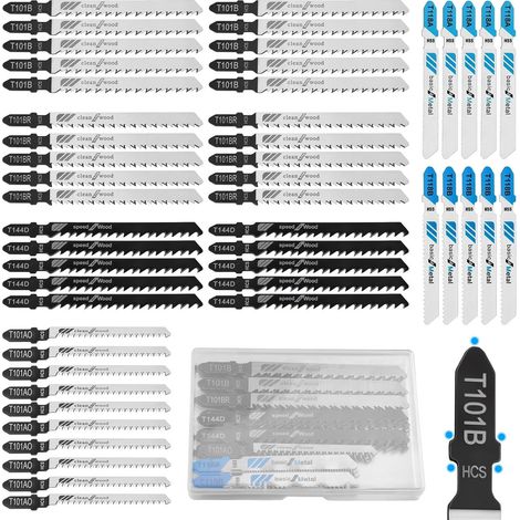 Lot de 50 Lames de Scie Sauteuse T-Shank – 6 Modèles pour Bois, Métal, Plastique (T118A,T118B,T101AO,T101B,T101BR,T144D) – Lames Acier HCS/HSS à Finition Propre avec Boîtier de Rangement (1/5)