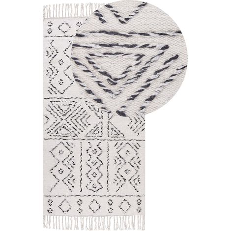Tappeto in lana bianco sporco e nero con motivo azteco moderno e vintage 80 x 150 cm Alkent