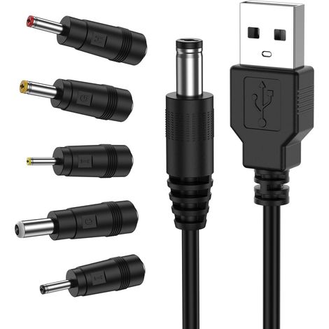 Universal USB to DC Power Cable, USB Charging Cable with 5 DC Connectors 2.5x0.7mm, 3.5x1.35mm, 4x1.7mm, 5.5x2.5mm, 3x1.0mm for Laptops, Routers, Keyboards (Black) (1/5)