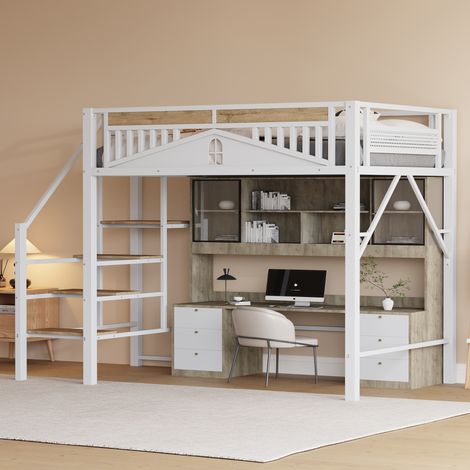 Lit mezzanine en métal 140x200 cm avec garde-corps en forme de fenêtre, échelle sécurisée avec rangement et grand espace sous-lit modulable, blanc (1/5)