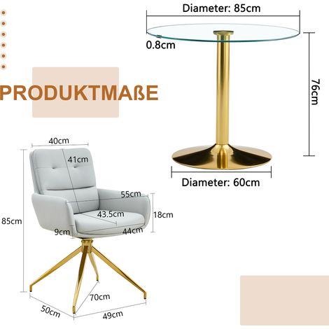 Ensemble table et 2 chaises cuisine : table ronde verre trempé 85 cm pied métal doré, avec 2 fauteuils salle à manger gris clair PU pivotants 360° (1/5)
