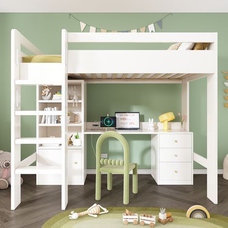 Lit mezzanine enfant 90x200 cm avec bureau USB-C, armoire et meuble de rangement, lit simple avec escalier, sommier à lattes et rangements (sans matelas)