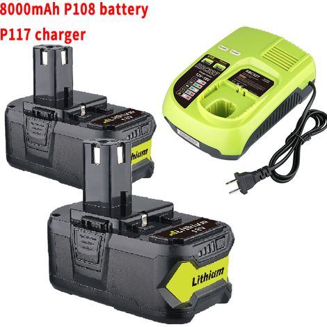 Pack de 2 batteries P108 8,0 Ah et chargeur pour batteries Ryobi 18 V P108, P102, P104, P105, P107, P109, P122 avec chargeur P117, batterie 18 V et kit de charge (1/5)