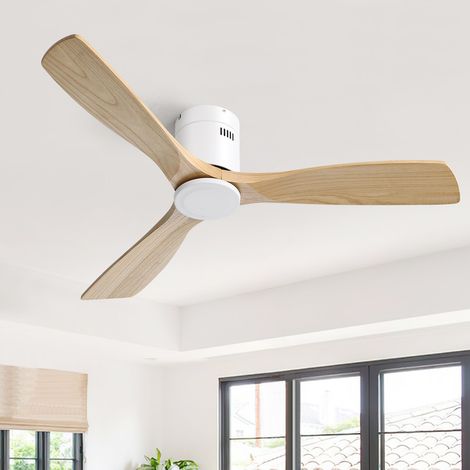 Ventilatore da soffitto Sofucor DC – 3 pale in legno – Motore reversibile silenzioso – Telecomando – Senza luce – 132 cm – Bianco/Giallo