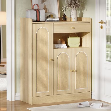 REDOM Meuble à chaussures 90x35x110 cm, 3 portes et 1 tiroir, étagères réglables, MDF et panneaux de particules, naturel (1/5)