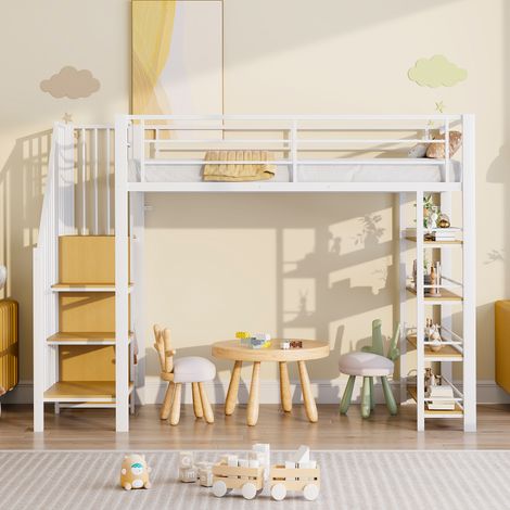 Lit mezzanine 90x200, lit pour enfants avec escalier de sécurité, rangements et petite penderie, étagères, design haute clôture, Blanc (1/5)