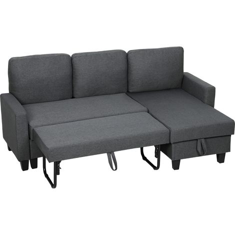 Dreisitzer-Schlafsofa mit Chaiselongue und Stauraum, Stoff in Leinenoptik, 197 x 129 x 85 cm, Anthrazitgrau