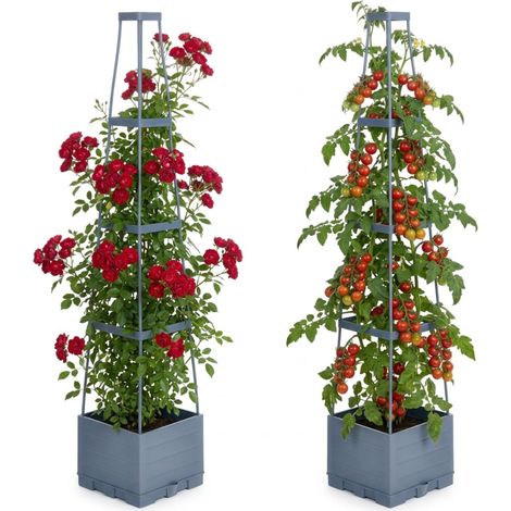 Relaxdays Planter with Trellis, Set of 2, Tomatoes & Roses, Self-watering, HxWxD 145x25x25 cm, Grey (1/5)