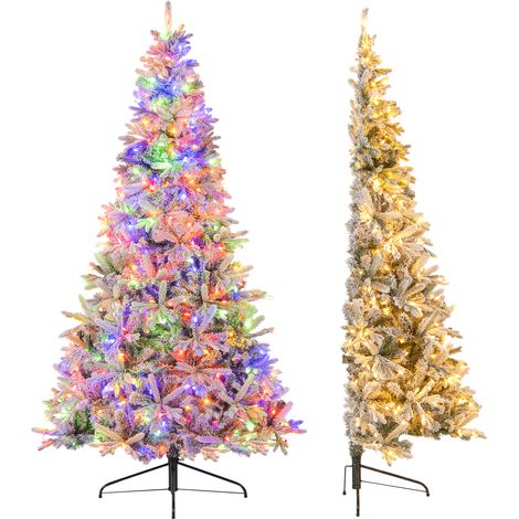 210 CM Sapin de Noël Artificiel Demi-Forme, Pré-Éclairé, Floqué de Neige avec 852 Branches, 240 LED Blanc Chaud & Multicolores, 9 Modes, Télécommande