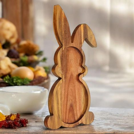 Plateaux de service en bois « Lapin de la ferme » (lot de 1), assiettes en bois en forme de lapin pour servir de la charcuterie à Pâques ou au printemps, décoration rustique (1/5)