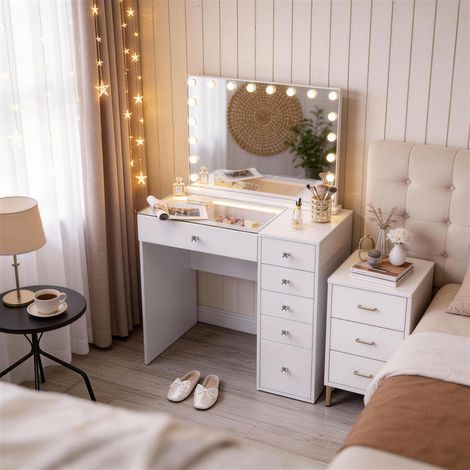 FENCHILIN Coiffeuse avec Miroir LED 6 Tiroirs Blanc 92 x 55 x 139 cm