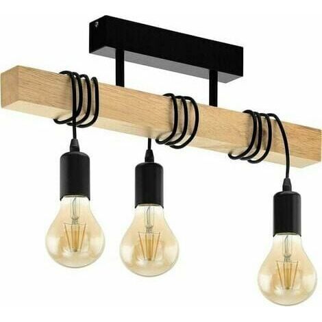 Lampe de plafond vintage 3 flammes – Acier et bois – 55cm x 10,5cm x 26,5cm – Douilles E27 – Finition noire élégante (1/4)