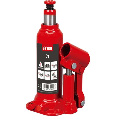 STIER Hydraulik Flaschen-Wagenheber, hohe Belastbarkeit von bis zu 2 Tonnen, mit langem Pumphebel, Car-Jack, Hubhöhe bis 345 mm, geschweißter Flaschenwagenheber, kompakt (1/4)
