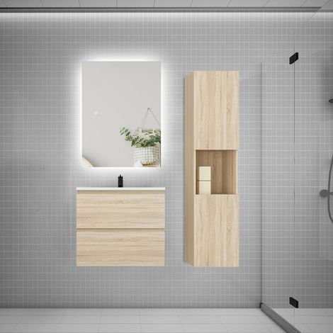 Ensemble meuble chêne et vasque L.60cm 2 tiroirs + colonne1 haut + lavabo + miroir 80x60cm-suspendu