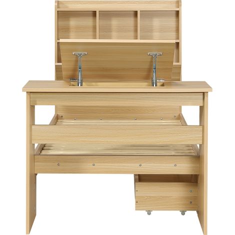 Kinder- und Jugendbett 90x200 cm mit Stauraum, Klapptablett und Schublade, Naturholzdekor (1/5)