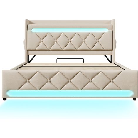 Letto matrimoniale imbottito 140 x 190 cm con contenitore, LED, USB e USB-C, beige, HOMVRA (1/5)