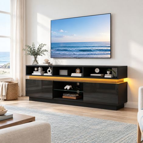 Meuble TV, avec 10 Niches, Rangements Fermés et LED, pour Salon, MDF et Verre, Noir, 160 × 35 × 60 cm (1/5)