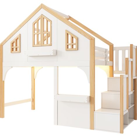 Letto a soppalco bambini 90x200 cm con LED, scala contenitore e finestra, bianco e legno (1/5)