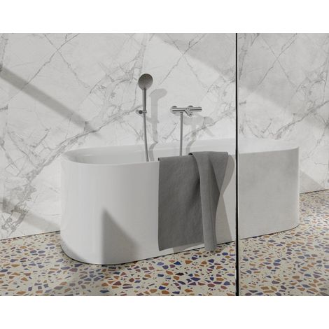 Fortifura Calvi Robinet de baignoire thermostatique avec douchette ronde, support et flexible métal Inox brossé PVD (1/5)